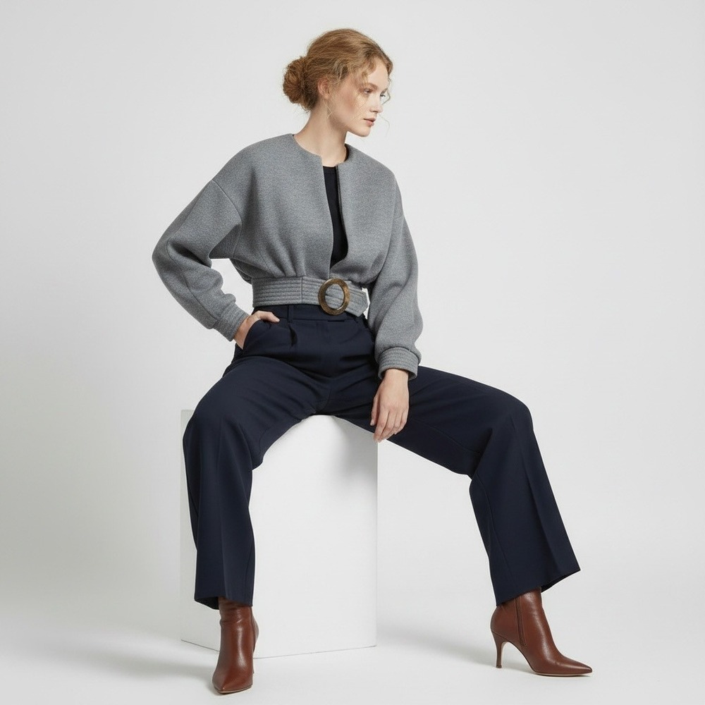 Framed Grey Cropped Dolman Sleeve Jacket with Tortoiseshell Buckle Size M